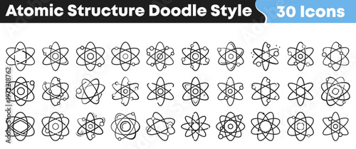 Various black outline atomic structure icons featuring simple doodle style designs for scientific education and professional graphic design project needs