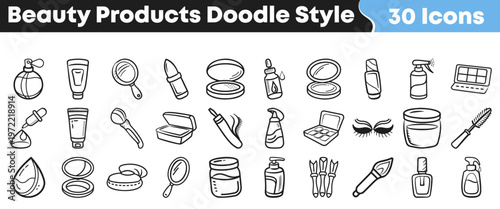 Thirty charming hand-drawn beauty products and cosmetic essentials illustrated in a unique doodle style, perfect for modern design and digital media.