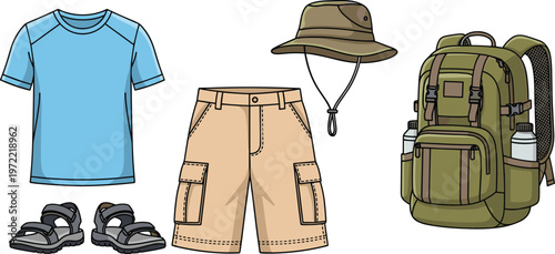 Outdoor Adventure Hiking Gear Set with Blue Sport Shirt Khaki Cargo Shorts Boonie Hat Backpack and Trekking Sandals Isolated on White Background for Summer Travel
