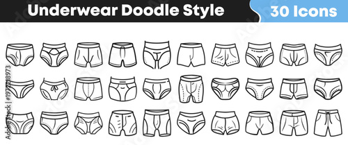 Hand drawn collection of thirty different mens underwear doodle style icons featuring various types of briefs and comfortable boxer shorts