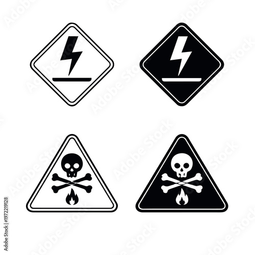 Safety warning icons showing fire hazard and toxic electrical danger with skull and crossbones in outlined and filled styles