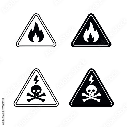 Warning icons showing fire hazard and electrical danger with skull and crossbones in outlined and filled triangular styles