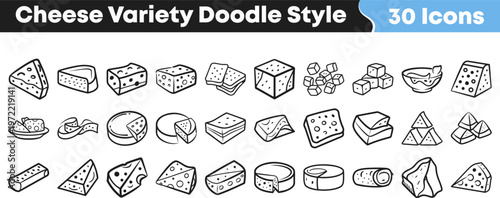Set of thirty hand drawn cheese icons featuring various types and shapes in a simple black and white doodle style