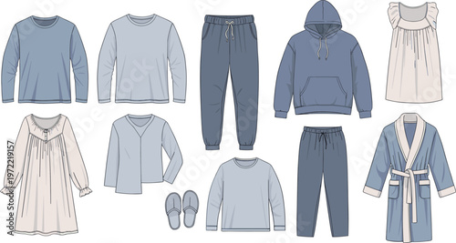 Sleepwear and loungewear clothing illustration set featuring pajamas, hoodie, nightgowns, slippers, and robe in soft tones for cozy fashion and lifestyle artwork.