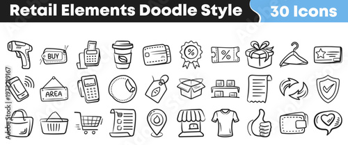 A diverse collection of hand-drawn retail and shopping icons in a charming doodle style, perfect for e-commerce and marketing designs.