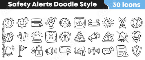 Collection of diverse hand drawn safety alert icons featuring exclamation marks and warning signs in a simple doodle sketch style
