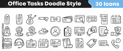 Collection of hand drawn office task icons featuring various business elements for professional planning and organized project management workflow visualization