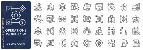 Business operations and workflow efficiency line icon set. Collection of process optimization, project management, automation, analytics and strategy outline vector symbols with editable stroke.