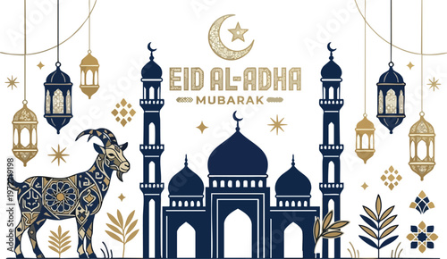 Eid aladha mubarak greeting card design with mosque, goat, and lanterns