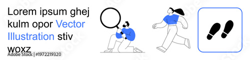 Exploration, investigation, discovery, tracking, navigation, problem-solving. A person examining with a magnifier, another running and footprints. Exploration and investigation concept