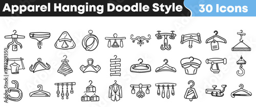 Set of hand drawn apparel hanger icons featuring various clothing storage tools illustrated in a fun and creative doodle style
