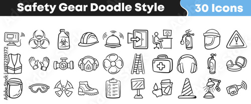 A versatile set of 30 hand-drawn safety gear and protection icons in a charming doodle style perfect for industrial safety designs.