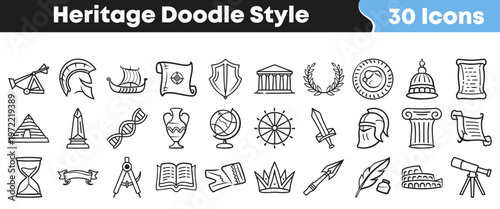 Hand drawn heritage icon collection featuring various historical objects and cultural symbols arranged in a clean black and white style