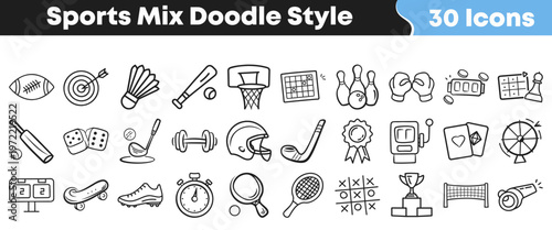A comprehensive set of doodle style hand-drawn icons illustrating various popular sports, games, and recreational activities.