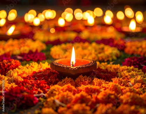 Brightly lit diya lamp surrounded by vibrant orange, yellow, and red marigold flowers
