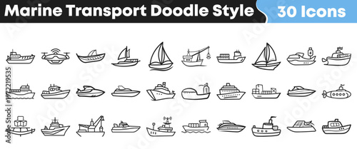 Collection of diverse hand drawn marine transport icons showing various types of boats ships and sea vessels for maritime projects