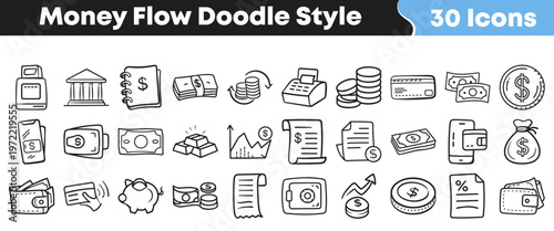 Hand-drawn money and finance doodle icons collection depicting various financial elements for banking, business, and investment applications.