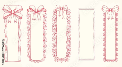 Set of decorative vertical frames with bows and ribbons, handdrawn pink sketch style elements for scrapbooking, invitations, and labels
