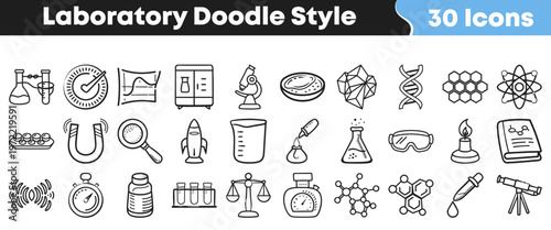 A collection of hand-drawn laboratory and science-related doodle icons perfect for educational, scientific, and experimental graphic design projects.