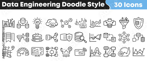 A comprehensive collection of 30 hand-drawn doodle style icons representing various concepts in data engineering and analytics for modern digital projects.
