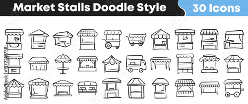 Various hand drawn market stall icons showcasing different types of merchant shops for creative design projects and digital business presentations