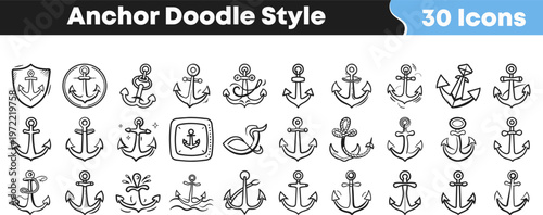 Hand drawn collection of thirty unique anchor icons designed in a playful and creative doodle style for maritime graphic projects