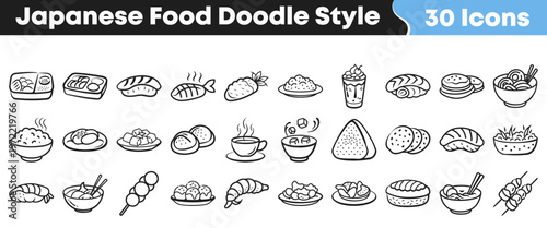 A delightful collection of thirty hand-drawn doodle style icons representing a variety of popular traditional and modern Japanese food dishes and snacks.