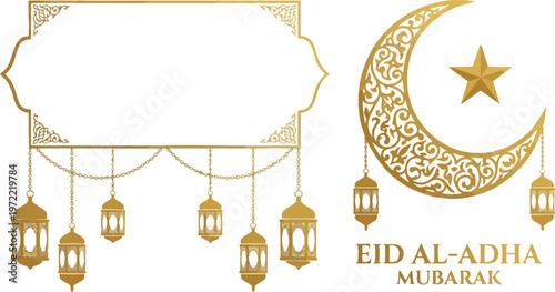Eid aladha mubarak greeting card design with golden crescent moon, star, hanging lanterns and decorative frame