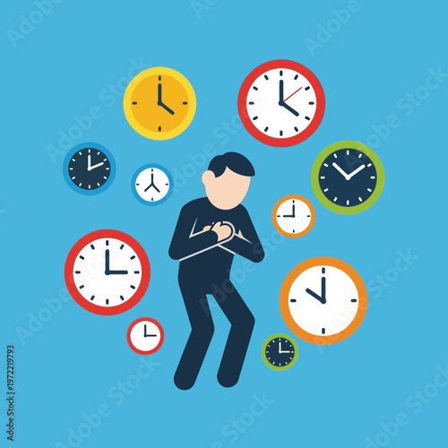 Person surrounded by multiple colorful clocks showing different times.