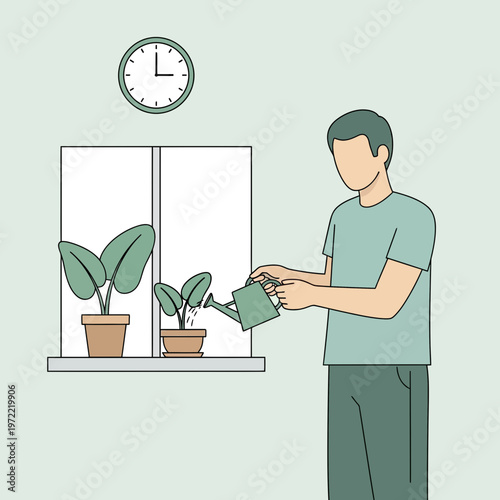Person watering potted plants on a windowsill indoors.