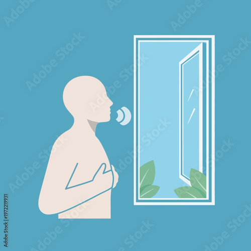 Person looking at themselves in a mirror with a hand on chest.