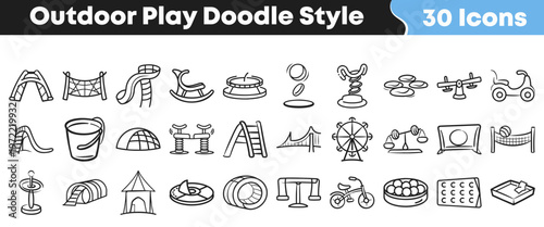 Set of hand drawn doodle icons representing various outdoor playground equipment for active children and fun recreational activity themes