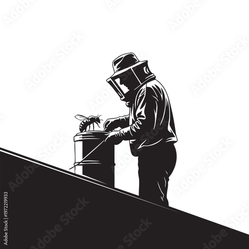 Silhouette Beekeeper Working with Beehive Honey Production Apiarist Managing Colony Professional Beekeeping Apiculture Industry Farm Life