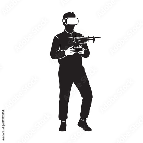 Silhouette Man Flying Drone Virtual Reality Goggles Pilot Controlling UAV Modern Technology Hobby Outdoor Recreation Aerial Photography