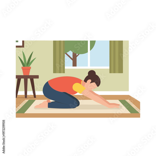 Person practicing yoga or stretching on a rug in a room with a window.