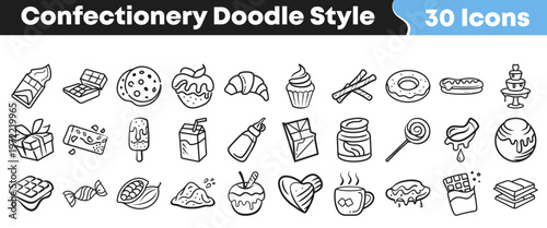 Hand drawn confectionery doodle icons collection featuring various delicious chocolate snacks and sweet treats for your creative design project needs