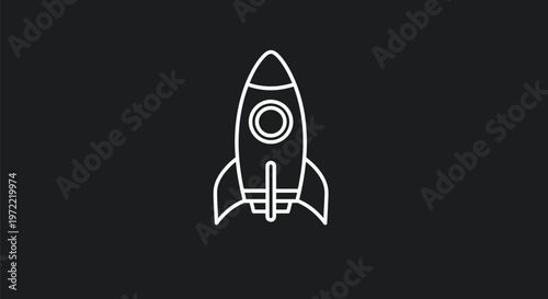 Simple white line art rocket ship ready for launch into space.
