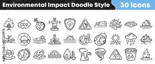 Collection of thirty environmental impact doodle icons showing global warming and climate change issues in a simple hand drawn style