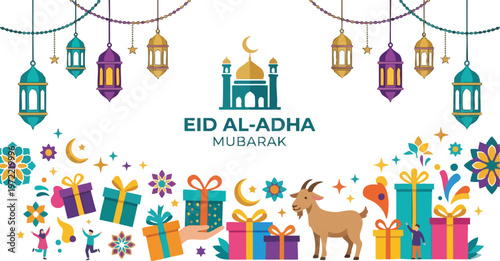 Eid aladha mubarak greeting card design with mosque, lanterns, gifts, and goat, festive islamic holiday celebration illustration