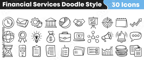 A collection of hand-drawn financial services and business icons in a charming doodle style, perfect for various design projects and presentations.