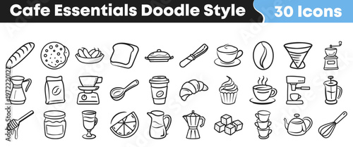 Various hand drawn cafe essentials presented as a collection of thirty unique icons featuring coffee and delicious bakery food items