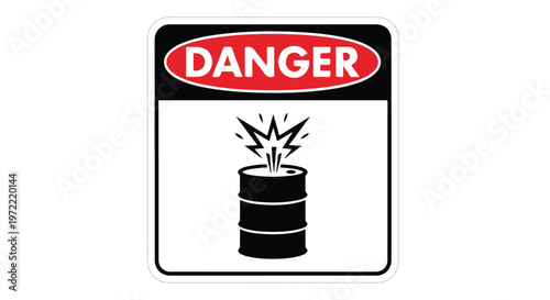 Danger warning sign indicating explosive material in a barrel with a bright burst of energy