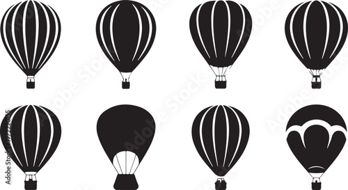 Collection of eight different black and white hot air balloon silhouette icons for travel and adventure concepts