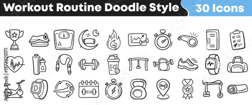 Collection of thirty unique hand drawn workout routine doodle icons representing various fitness equipment and healthy lifestyle habit tracking activities