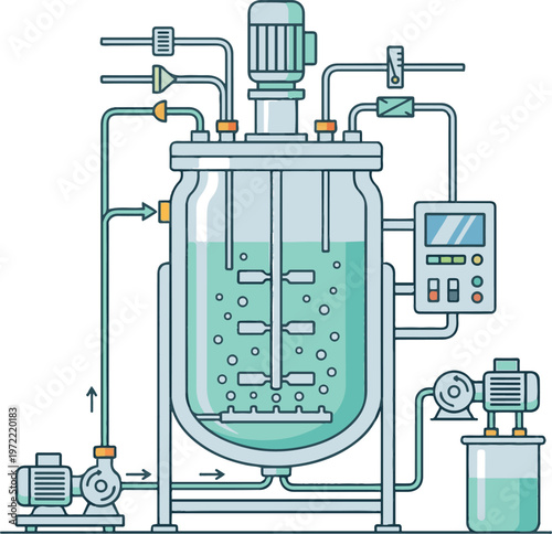 Industrial chemical reactor vessel with mixing system, pumps, valves, and control panel used for controlled chemical processing and reaction operations.
