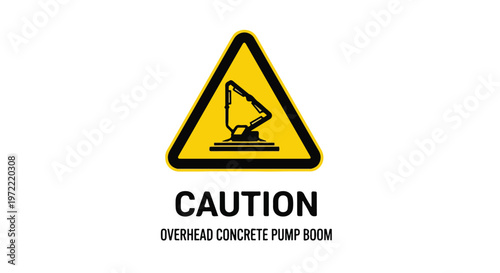 Caution warning sign indicating potential danger from an overhead concrete pump boom on a construction site