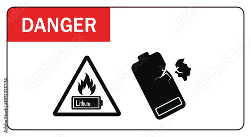 Danger warning sign for lithium battery fire hazard and physical damage with warning symbols