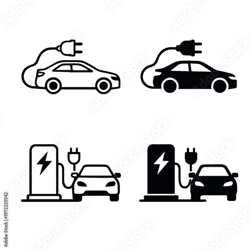 Electric vehicle icons showing cars with plugs and charging stations marked with lightning bolt in outlined and filled styles