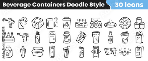Thirty hand drawn beverage container icons displayed in a doodle style collection for graphic design projects and digital art needs