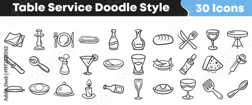 Collection of hand drawn doodle icons representing restaurant table service items for dining establishment menus and web graphic design projects